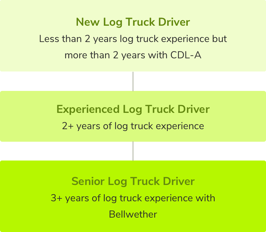 Trucking career path showing steps from New Driver to Senior Log Truck Driver